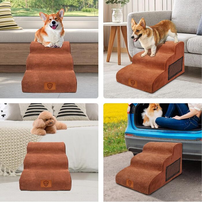 Calling Dog Stairs, Dog Stairs for Small Dogs, Waterproof Dog Stairs 40 cm High, Injury Prevention High-Quality Sponge Cat Stairs, Non-Slip Washable Dog Ramp for Sofa Bed Car (3-Step Dog Stairs, Brown)