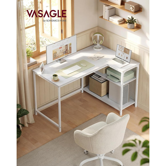 Кутовий письмовий стіл VASAGLE L-подібний, комп'ютерний стіл для офісу та дому, колір клен/білий, 110 x 80 см