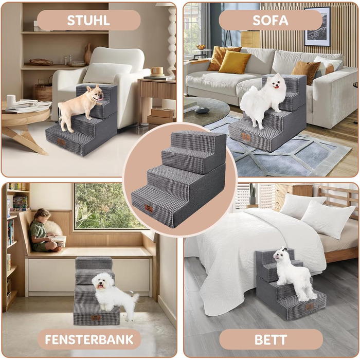 Dog Stairs Large Dogs 4 Steps High, Dog Stairs for Bed Sofa 50cm, Pet Stairs Washable, High-Density Foam, for Injured Older Dogs (45cm Height, Grey)