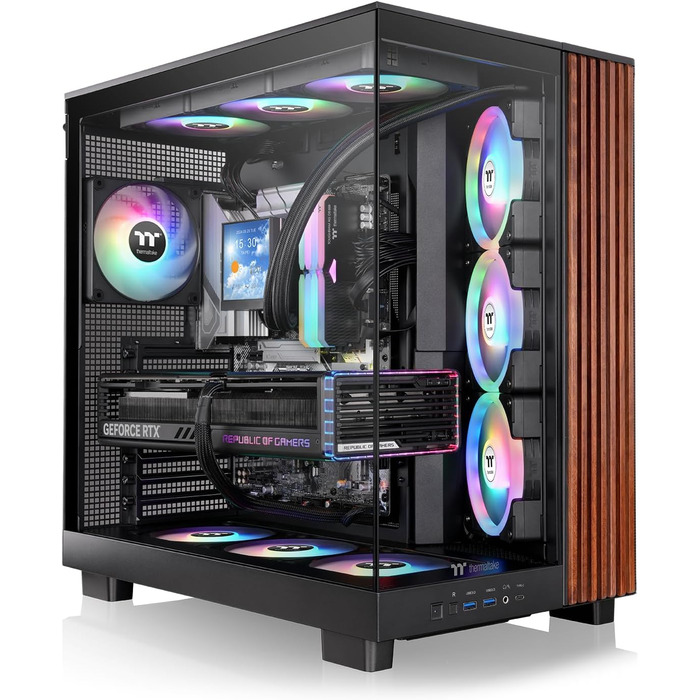 Корпус Thermaltake View 380 XL WS Black (Wood Style) | ATX Mid-Tower з RGB підсвічуванням | Подвійна камера, прихований з'єднувач, встановлений RGB вентилятор, тиха система охолодження, підтримка радіатора 360 мм, дерев'яні акценти