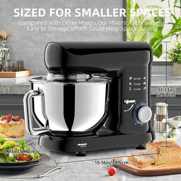 Кухонна машина-міксер з чашею 6.5л з нержавіючої сталі, 2000W, 6 швидкостей, для тіста та міксування, з набором насадок (вічорник, гак для тіста, вінчик) та захистом від бризок, чорна