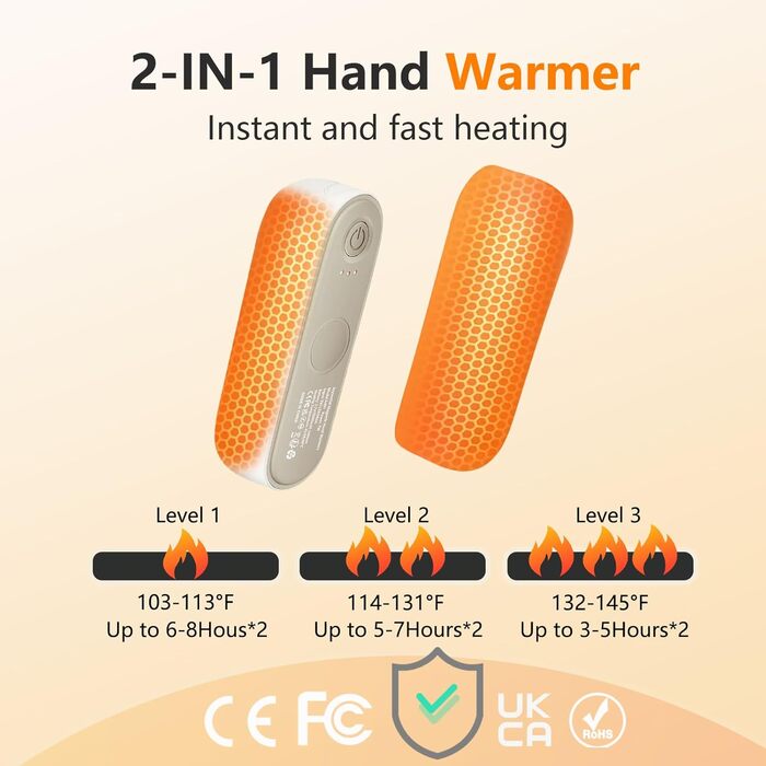 Електричний грієчка для рук та кишень, 10000mAh, 2-в-1, портативний, магнітний, 3 режими нагріву, багаторазовий, для відпочинку на природі, кемпінгу, подарунок для жінок та чоловіків (Стандарт - Білий)