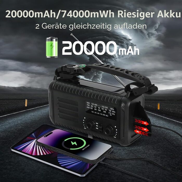 Радіо на сонячних батареях з ручним заводом 20000mAh Notfallradio, AM/FM, ліхтарик, SOS-сигнал, зарядний пристрій для телефону (Чорний)