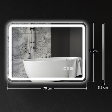 Дзеркало для ванної кімнати HOMCOM з підсвіткою 50x70 см, LED, Bluetooth, сенсорне управління, функція пам'яті, антизапітніюче, 3 кольори світла, срібляне