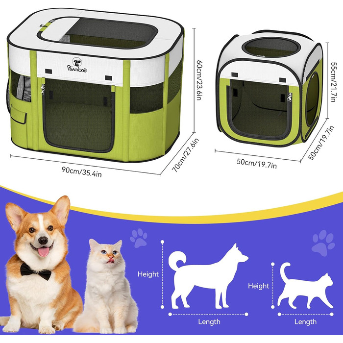 Pawaboo Розкладний вольєр для тварин, переносна клітка для собак та котів, зелений, 90x70x60 см