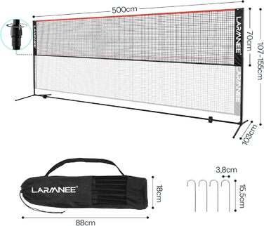 Сітка для бадмінтону, волейболу, тенісу LARMNEE - 3 положення по висоті, 5м, червоно-чорна