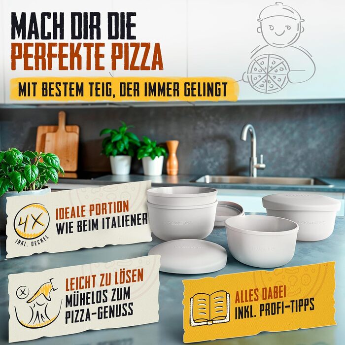 LOEWERK Pizza Ball Box with Lid – 4-Piece Set – Breathable Dough Box for Perfect Pizza Dough - Space-Saving Silicone Pizza Dough Box with Lid, Pizza Box, Pizza Ballenbox, Proofing Box – Olive/Gray (4 Pieces gray)