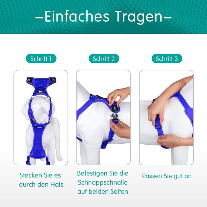 Шлейка для собак PoyPet світловідбиваюча, м'яка, дихаюча, з сітки, без ризику удушення, з подвійним наповнювачем, регульована, розмір M (XL, 1 шт.), кобальтово-синій