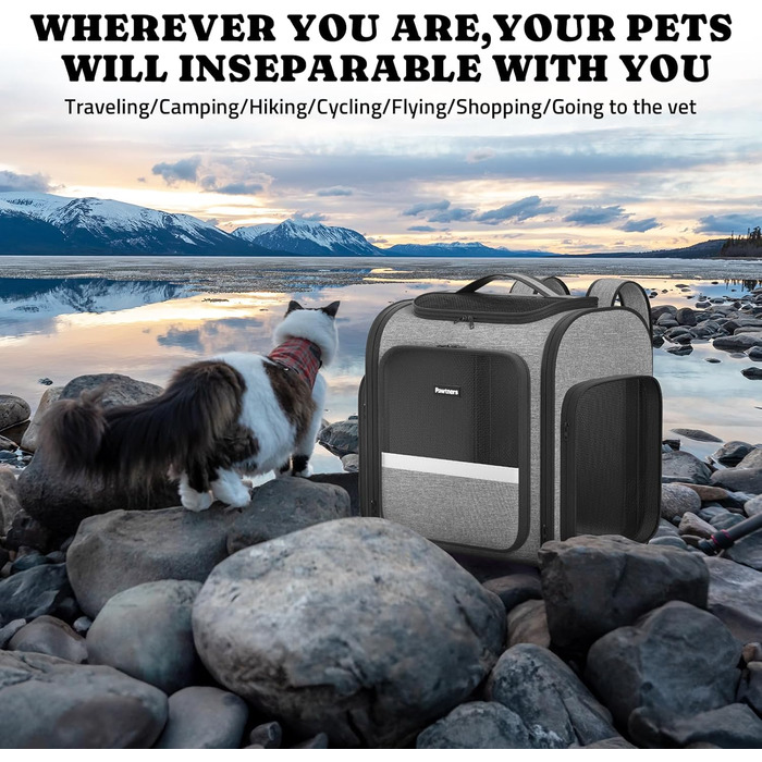 Рюкзак-переноска для котів Pawtners з розширеним тунелем для ігор, дозволений авіакомпаніями, для маленьких собак та великих котів до 11,3 кг, складаний, сірий (15.7'L x 12.6'W x 15.0'H)