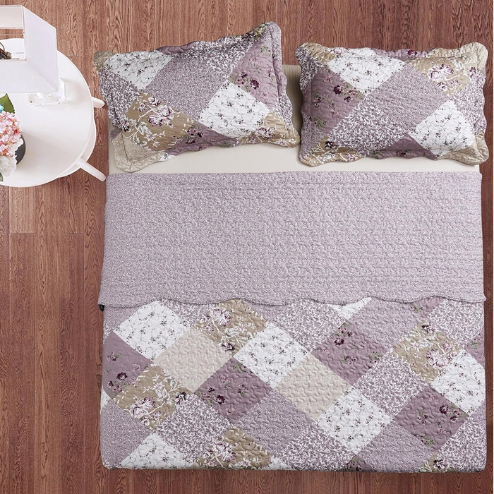 Комплект стеганих ковдр Brilliant Sunshine Grey Heart Love Patchwork (2 шт.) з чохлом для подушки, двостороння покривало, м'яка легка ковдра, всесезонна ковдра для двоспального ліжка (Фіолетовий)
