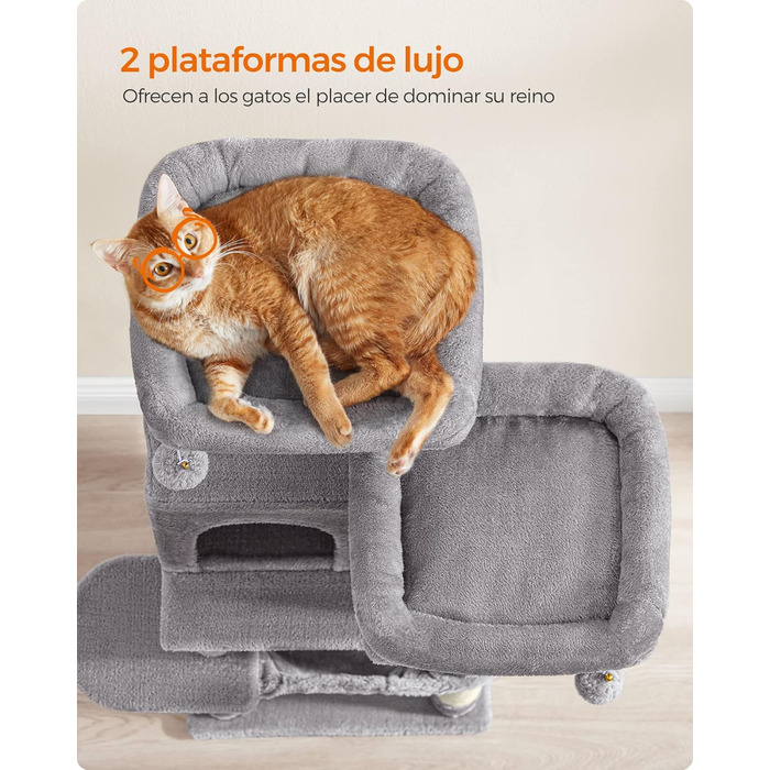 Дерево для дряпання Feandrea, 112 см, багатоповерхове, з 11 стовпчиками для дряпання, 2 платформами, будиночком та гамаком, 2 іграшками, сірий, PCT215W01