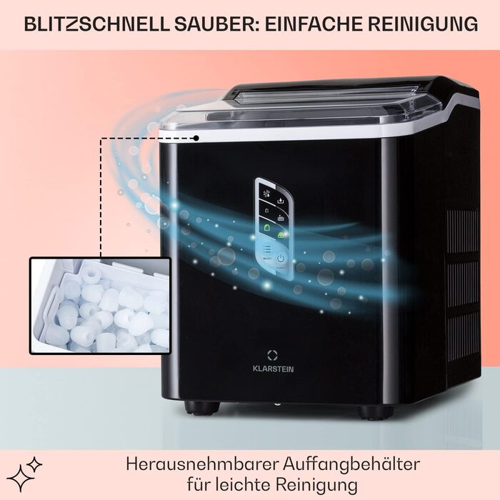Klarstein Ice Cube Machine Small, Fast Ice Cube Maker, Self-Cleaning Ice Cube Maker, Ice Cube Device for Large and Small Ice Cubes, with Ice Cube Container, 12kg/24h, Capacity 1.5 L