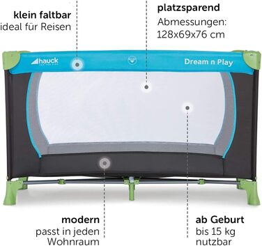 hauck Baby Travel Cot Set Dream n Play with Mattress - foldable baby travel cot with bag - Blue Waterblue