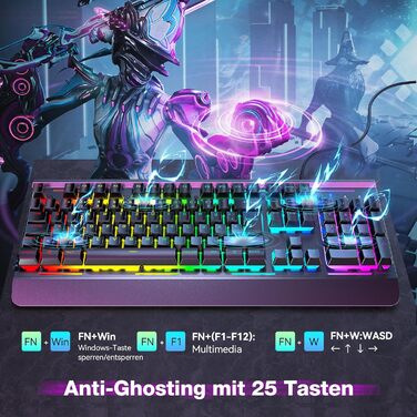 TECKNET RGB ігрова клавіатура для ПК, мембранна, 105 клавіш, повний металевий корпус, підставка для зап'ястя, 15 зон RGB підсвічування, 25 антиблінд, клавіатура для комп'ютера, німецька розкладка (QWERTZ)
