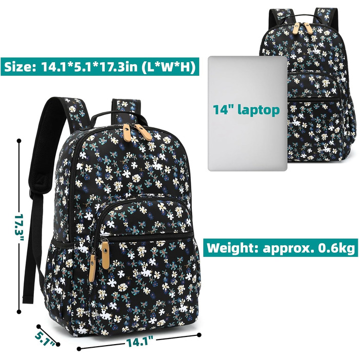 Шкільний рюкзак Leaper з квітковим принтом, сумка-рюкзак, сумочка для книг, дамська сумка 42 л, темно-синій з білим, 2 шт.