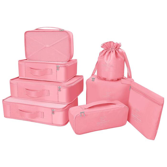 Органайзери для валізи: 8 комплектів, 7 кольорів. Організатори для подорожей, водонепроникні мішки для взуття, компресійні мішки. (Персиковий рожевий)