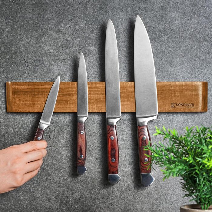 KÖKSMAGI® Magnetic Knife Strip OSKAR (40 cm) - magnetic wooden knife strip with an extremely strong magnet for heavy knives - self-adhesive (3M adhesive tape) & with drilling accessories