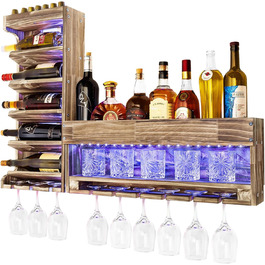Wine Rack with LED Light, Flame Wood Look, Wall-Mountable with Cork Holder, for Wine Glasses, Whiskey Glasses, Bottle Holder Home Bar, Vintage, Gift