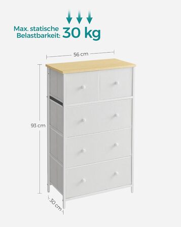 SONGMICS Chest of Drawers, Storage Cabinet, 5 Fabric Drawers, for Entryway, Living Room, White-Oak Finish LTS514W57