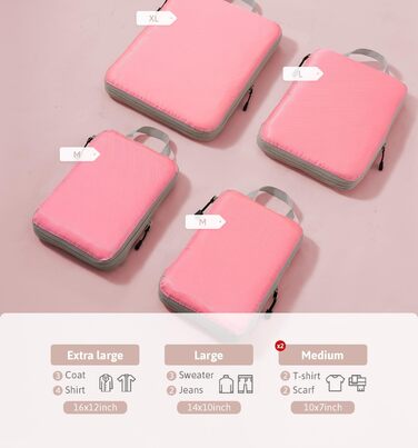 Набір кубиків-органайзерів для валіз Meowoo (4шт) - рожевий. Кубики для подорожей, компресійні, водонепроникні, для ручної поклажі та валізи (XL, L, 2xM)