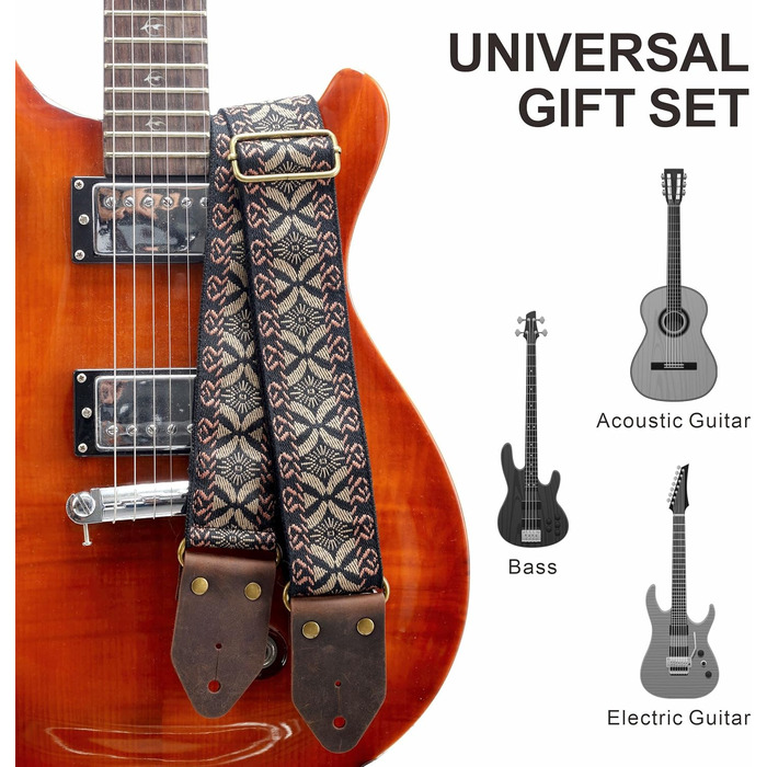 Гітарний ремінь Nefelibata з жаккардової вишивки, бавовна, з шкіряними кінцями Crazy Horse, для бас-гітари, електро- та акустичної гітари, подарунок для дітей та гітаристів (золота вишивка) Y#-золота вишивка