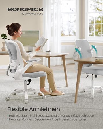 Офісне крісло SONGMICS ергономічне, поворотне з сіткою, підтримкою попереку та підголівником, функцією гойдання, сидіння 53 см, відкидні підлокітники, для офісу та спальні, студентів, OBN37BK (Світло-сірий, без підголівника)