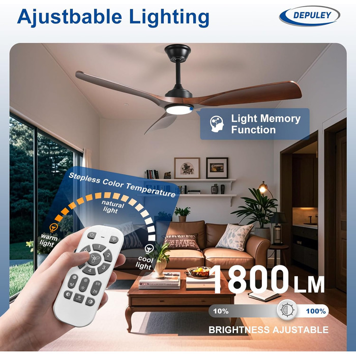 Depuley Стеляний вентилятор з підсвічуванням для вулиці: LED лампа з вентилятором для саду, тераси - 132 см, з підсвічуванням та APP для вітальні, ресторану, офісу, коричневий, 52''