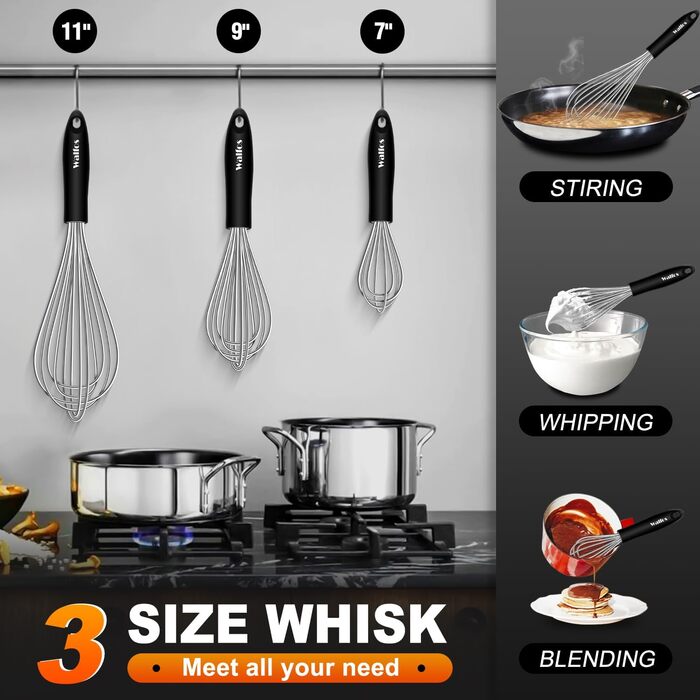 Вінчик кухонний Walfos силіконовий, набір 3 шт. з нержавіючої сталі - для антипригарного посуду, збивання яєць, спінювання та перемішування, чорний (срібло)