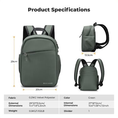 Рюкзак для камери K&F CONCEPT B-dunkelgrün: компактний, для DSLR, з регульованим ременем