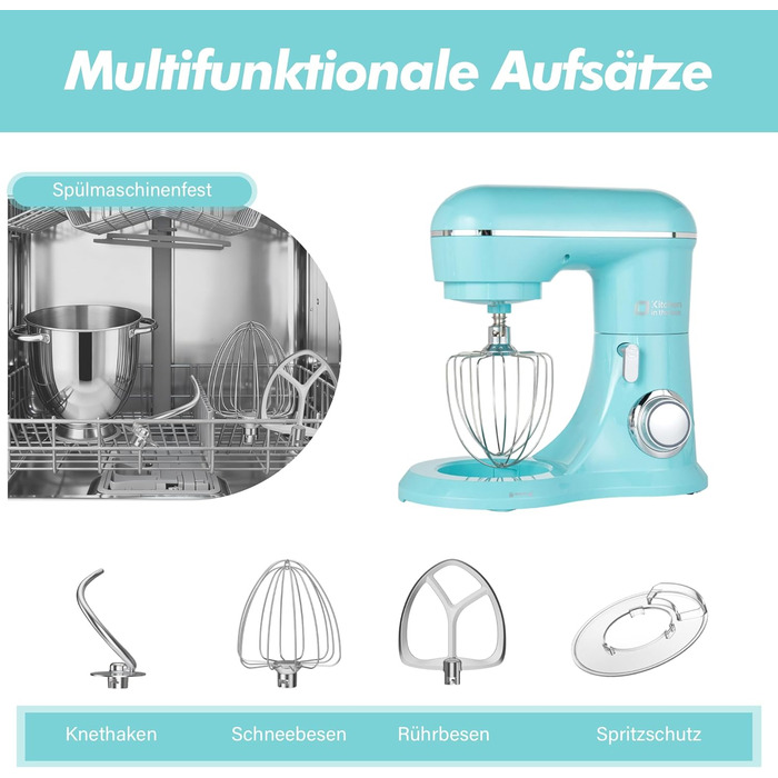 Кухонна машина Küchenmaster 6L, 1300W, з набором насадок (міксер, гак для тіста, вінчик), темно-зелений/синій