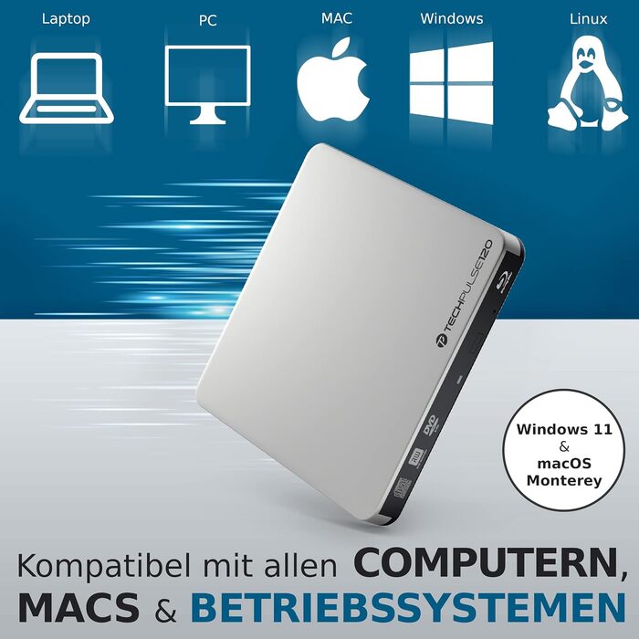 Зовнішній портативний Blu-Ray привід techPulse120 USB 3.0: запис та читання BD, DVD, CD для ноутбука, ПК, Mac OS, Windows