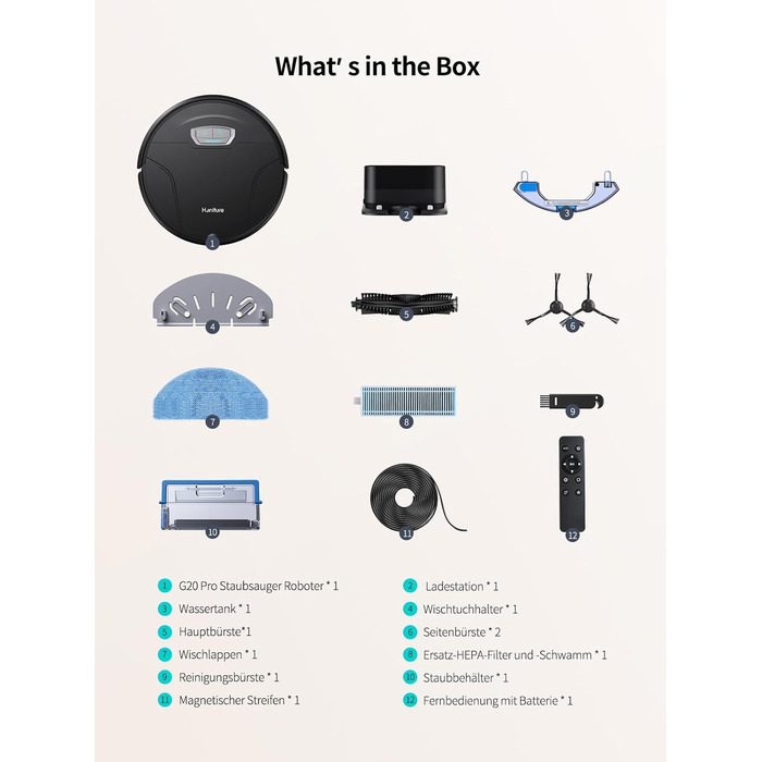 Робот-пилосос HONITURE G20 Pro з функцією миття, 4500Pa, керування через додаток, 180 хв роботи, для шерсті тварин, килимів та твердих підлог, чорний