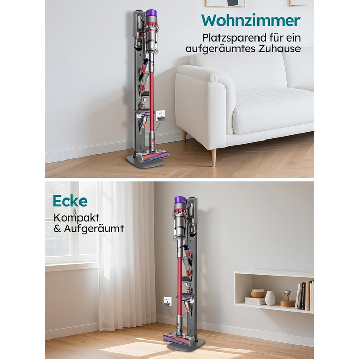 Стійка для пилососів Dyson G5, V15, V12, V11, V10, V8, V7, V6, металева, з 4 гачками та 4 полицями, без свердління, стабільна, підлогова, приховане кріплення кабелю (Темно-сірий)