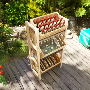 Outsunny Beverage Crate Shelf for 3 Beverage Crates, Wooden Crate Shelf with 3 Tiers, Freestanding Beverage Crate Holder, Holds 150kg, Crate Stand for Beer, Water, 56 x 32 x 112 cm Natural Wood | Aosom
