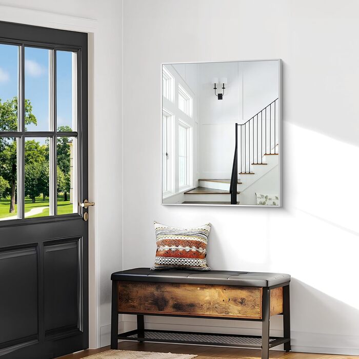 Дзеркало для ванної кімнати BONEWEI, 61 x 121,9 см, прямокутне, настінне, з рамою, косметичне, з заокругленими кутами, для спальні, вітальні, передпокою, горизонтальне (срібне прямокутне, 90x75 см)