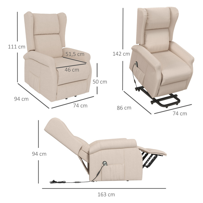 HOMCOM Electric Reclining Chair with Lie-Flat Function, Senior Recliner with Lift Assist, Up to 200kg, 72.5x94x109cm, Cream
