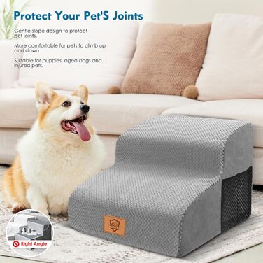 Myiosus Dog Stairs for Bed, 2-Step Foam Pet Stairs for Sofa with Removable Waterproof Cover, Non-Slip Dog Ramp Ladder for Small Dogs and Cats, 40 x 40 x 30 cm, Black (Grey Dog Stairs)