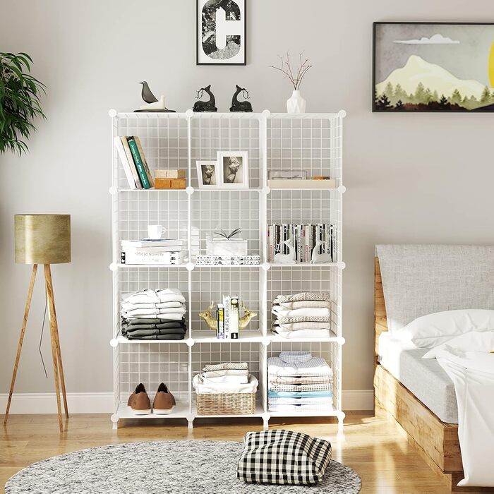 AWTATOS Regal 12 Regal Wire Cube Stackable Shelf Cube DIY Metal Grid Shelf Cube Bookshelf Cube Shelf With Doors For Living Room, Bedroom, Bathroom USCIH12BE (Large, White)