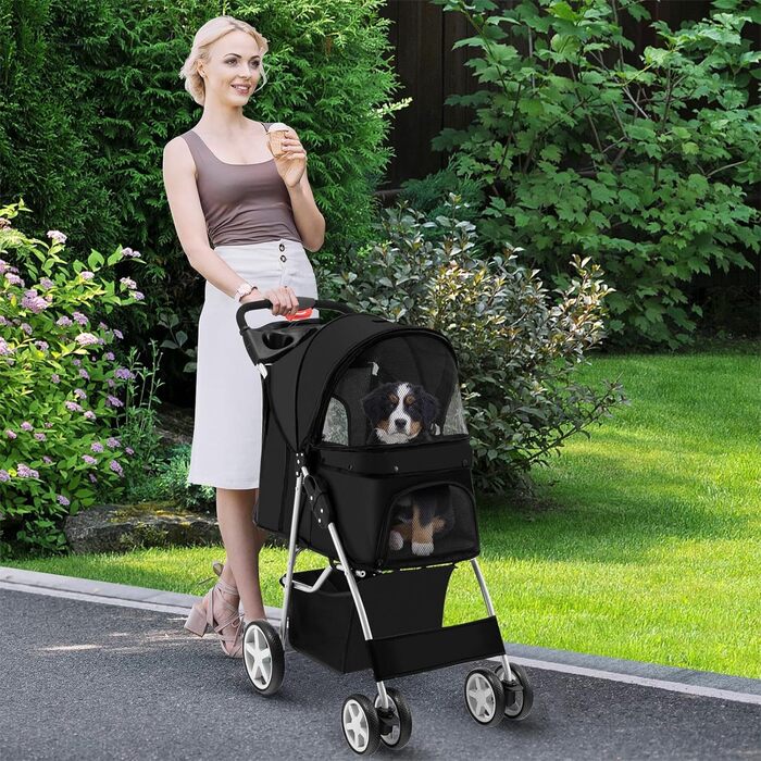 Візок для собак SOARS, до 15 кг, складаний, з сітчастими віконцями, тримачем для напоїв та кошиком для зберігання, для маленьких тварин (Чорний)