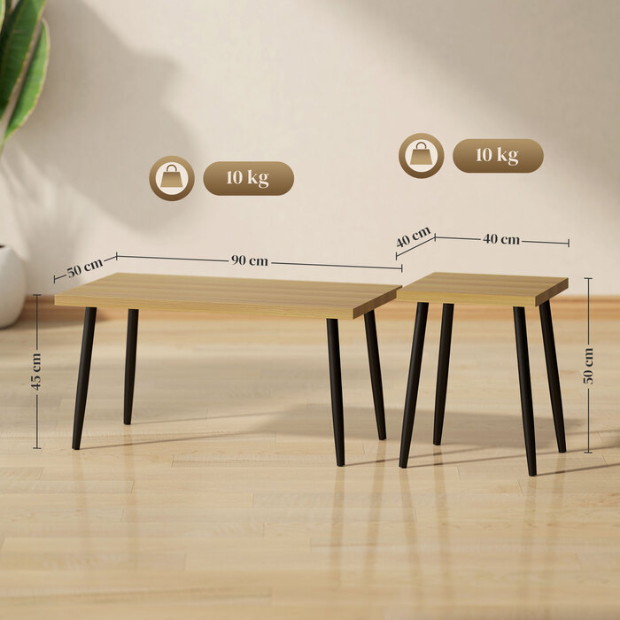 HOMCOM Set of 2 Side Tables with Steel Frame, Living Room Table Coffee Table for Living Room Bedroom Natural | Aosom