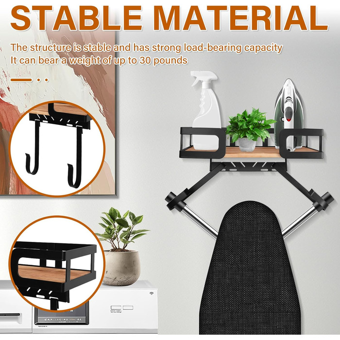 Настінна вішалка для праски та гладильної дошки з металевою конструкцією та кошиком для зберігання (чорна)