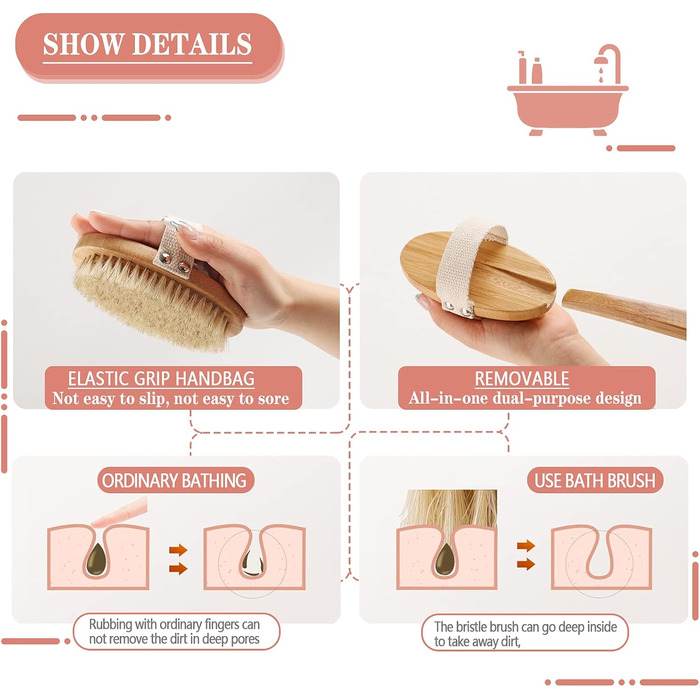 Щітка для тіла з довгим руків'ям, щітка для спини знімний руків'я, 2 насадки, для очищення тіла, скребок для спини в душі, натуральна щетина, Mango Largo