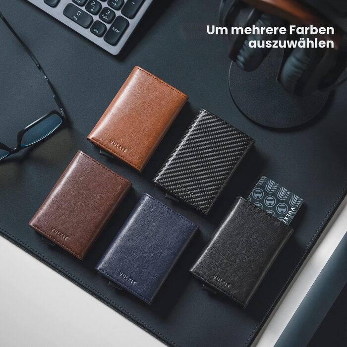 Чоловіче шкіряне картхолдер VULKIT з RFID-захистом, поп-ап, з відділом для грошей та віконцем для ID, чорний