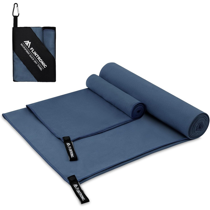 Рушник мікрофібра Flintronic, 200x100 см, великий для ванни, швидковисихаючий, спортивний, туристичний, пляжний, для тренажерного залу, сауни (Морська синя, 180x60 см + 80x40 см)