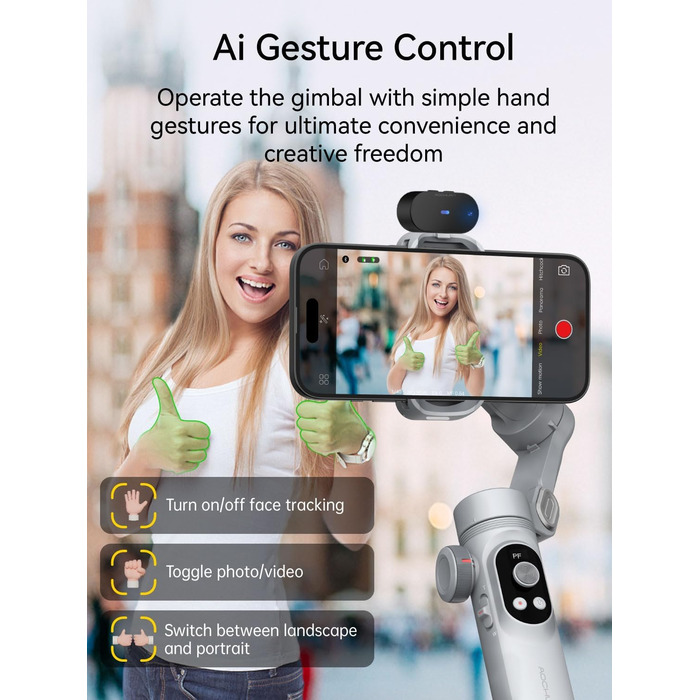 Стабілізатор для смартфона AOCHUAN 3-осьовий з RGB-підсвічуванням, для iPhone/Android, з функцією відстеження обличчя, сірий (Smart X Pro AI)