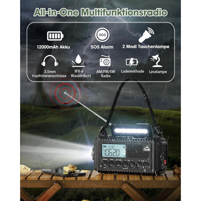 Радіоприймач Kurbelradio на 12000mAh з сонячною панеллю та ручкою, AM/FM/SW, з ліхтариком, USB-зарядкою, SOS-сигналом, для кемпінгу та надзвичайних ситуацій, зелений