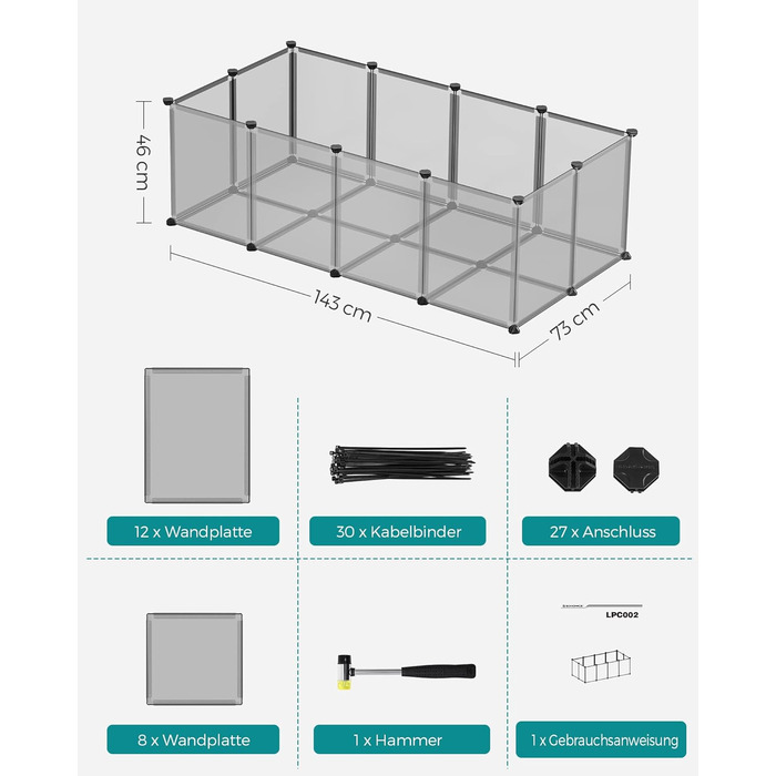 Клітка для тварин SONGMICS Freigehege з піддоном, 143 x 73 x 46 см, білий/сірий, для кроликів, хом'яків, їжаків, LPC02W