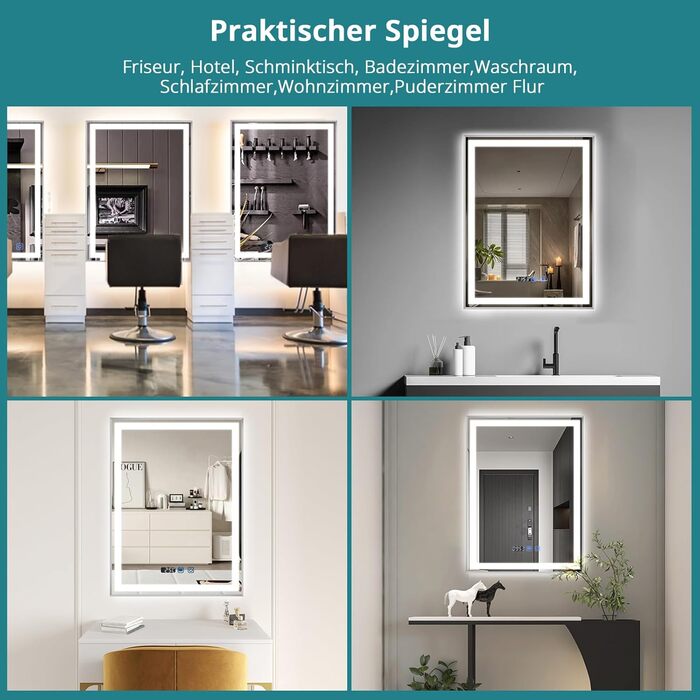 Дзеркало YOURLITE з підсвічуванням, 70x50 см, LED дзеркало для ванної кімнати з сенсорним вимикачем, годинником, 3 кольори світла, регулювання яскравості, запобігання запотіванню, пам'ять налаштувань, срібло
