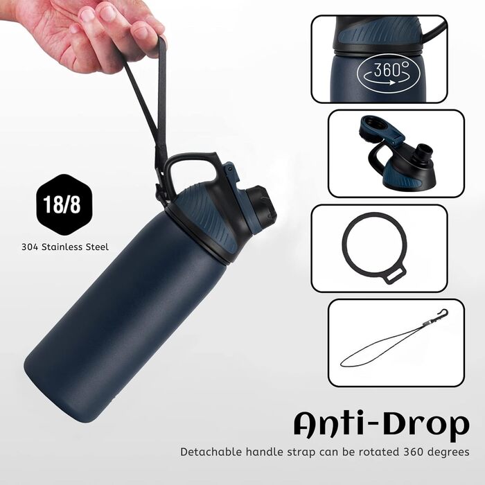Stainless Steel Water Bottle 600 ml/800 ml/1 l with Magnetic Lid, BPA-Free, Insulated Water Bottle, Sports Metal Water Bottle, Hot and Cold Drinks, Vacuum Flask, Work, Travel