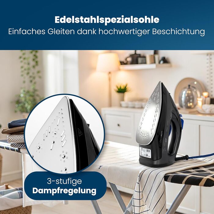 Праска Clatronic® з нержавіючою сталевою підошвою | 1800W | Праска з парою | 150мл резервуар | швидкий нагрів | Праска з захистом від протікання та від накипу | DB 3703